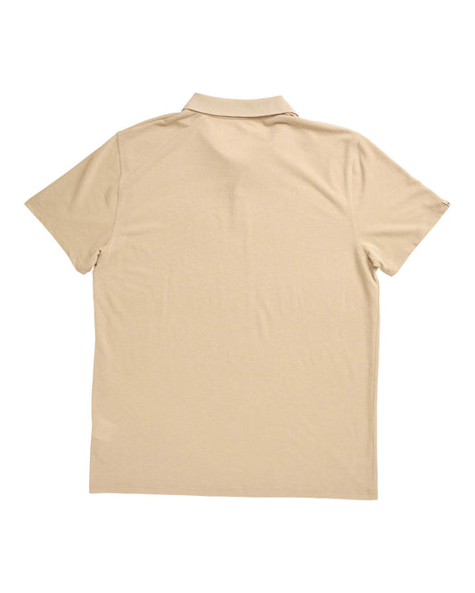 Back of a sand polo shirt with short sleeves, a ribbed collar, and a plain light tan back design.