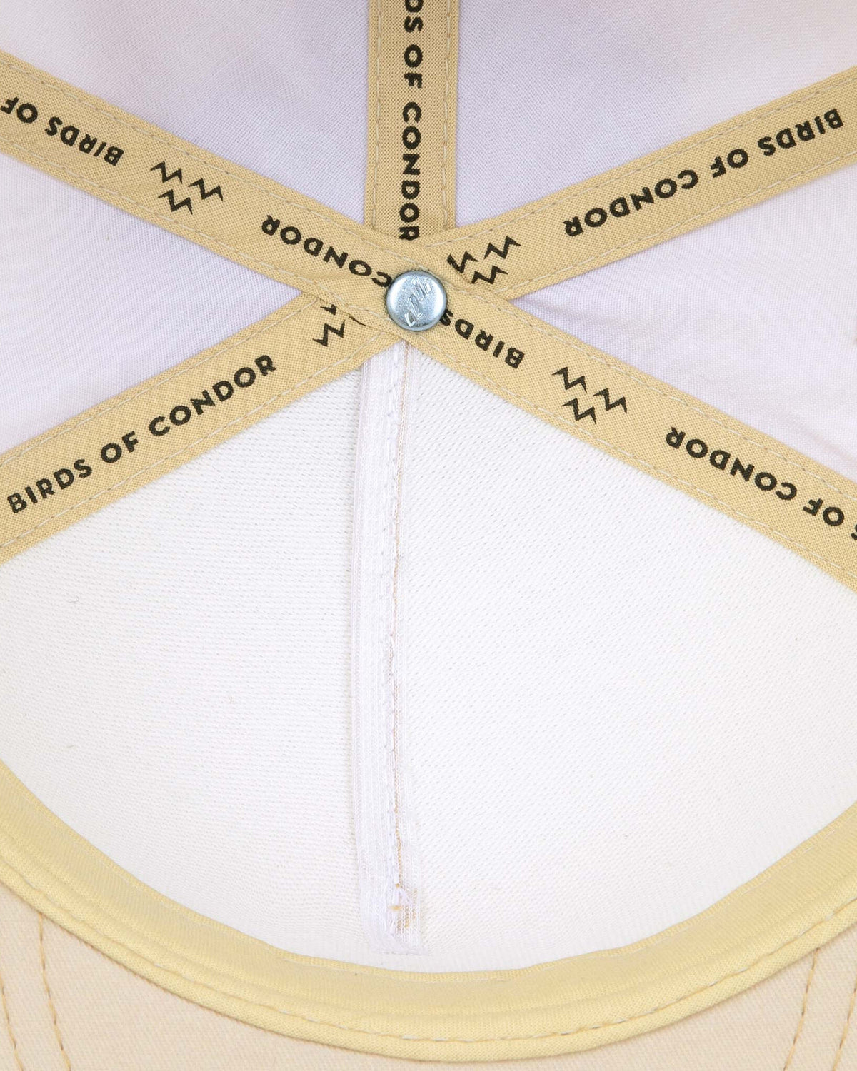 Detail of the interior lining of a sand tan snapback, featuring branded taping with text and zigzag motifs.