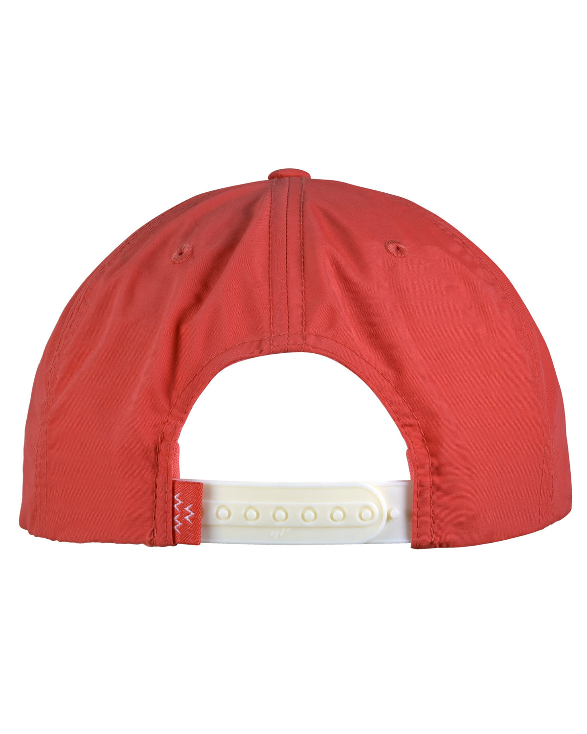 Back of a blood orange 5-panel nylon cap with an adjustable white plastic snap closure.