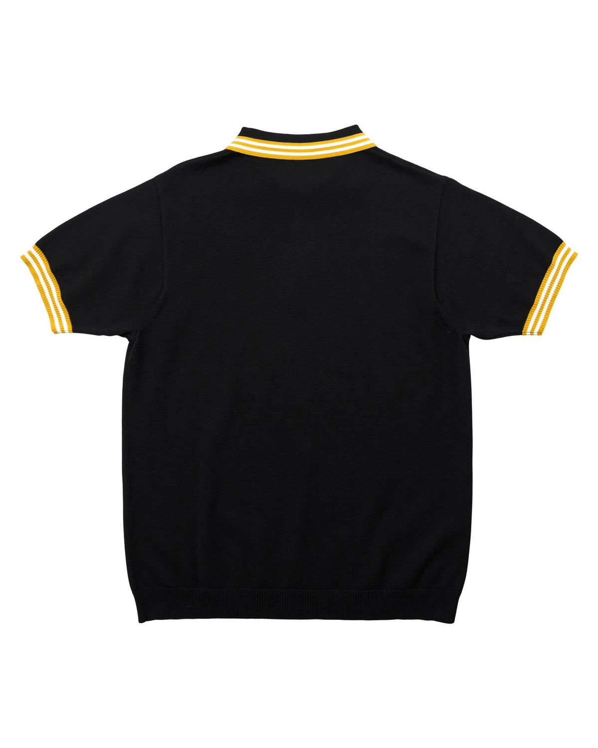 Back of a black cotton knit polo shirt featuring yellow and white striped ribbed collar and sleeve cuffs.
