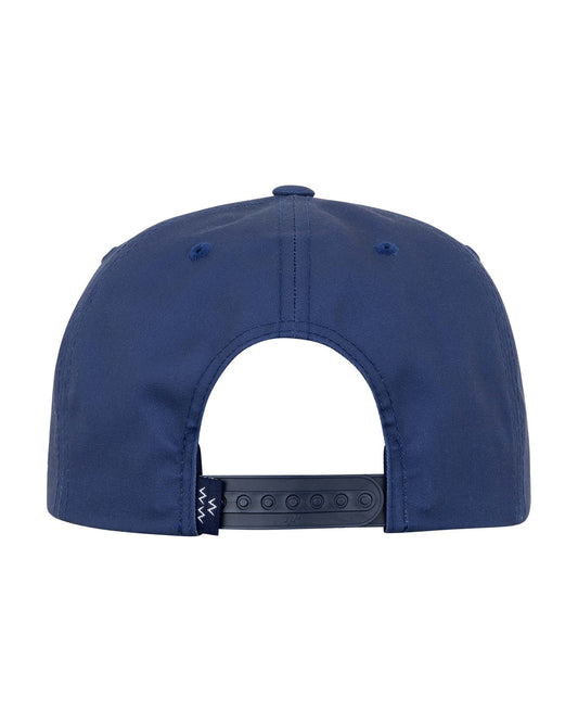 Back of a navy snapback hat featuring an adjustable plastic closure and a small woven label.