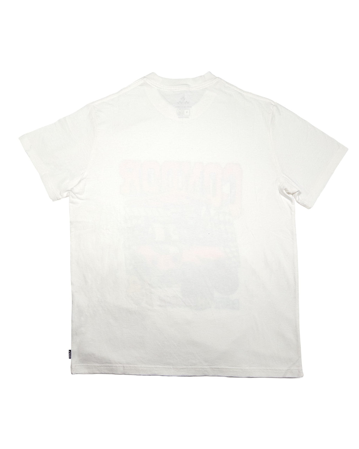 Back of a white short-sleeve cotton t-shirt with a faint retro print design on the center back.