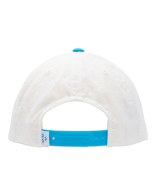 Back of a white five-panel snapback with a bright blue strap, top button, and a small branded tag on the closure.