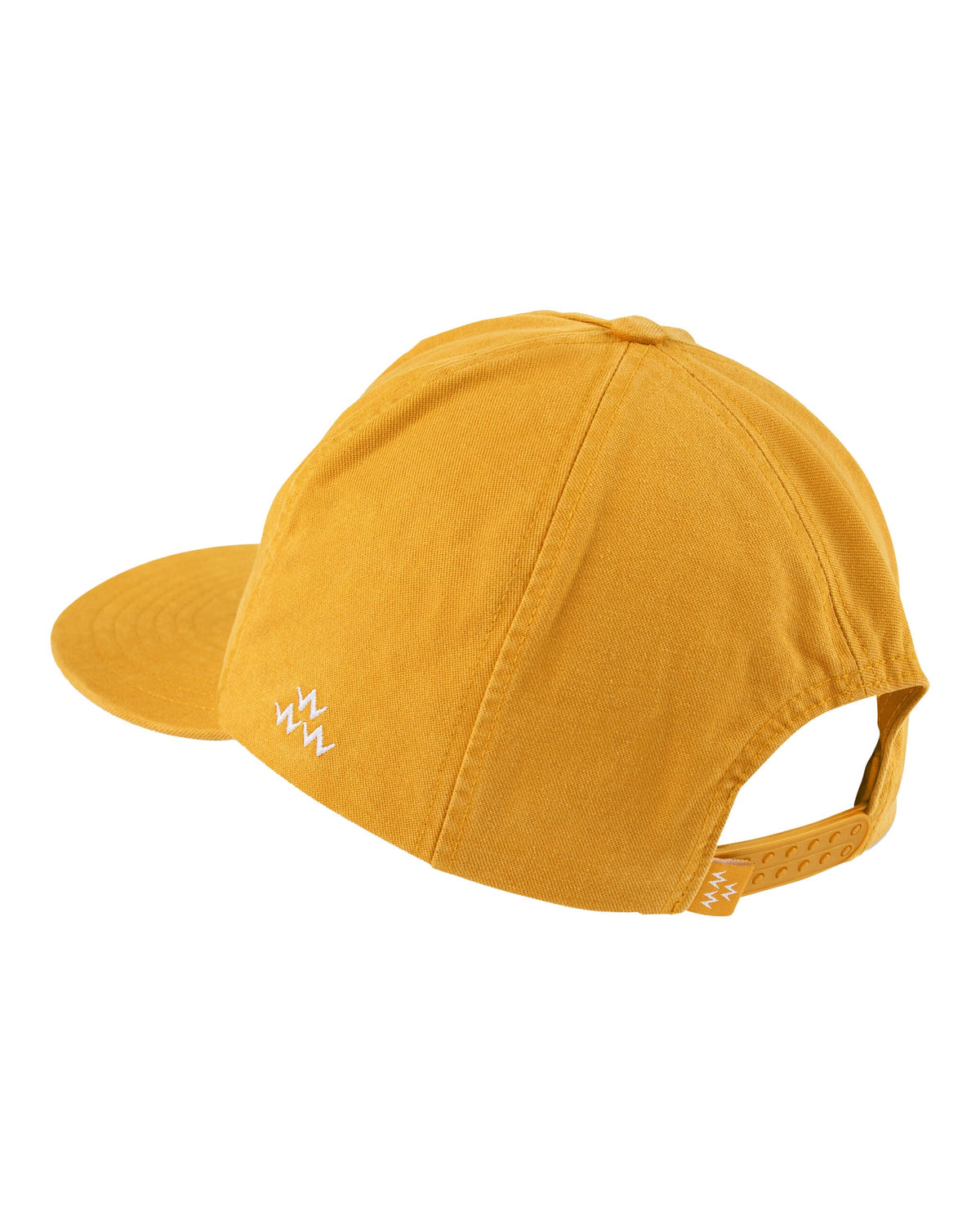 Back of a mustard yellow five-panel cap with an adjustable snapback strap and a small white logo.
