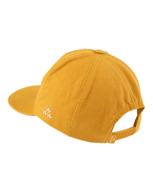 Back of a mustard yellow five-panel cap with an adjustable snapback strap and a small white logo.
