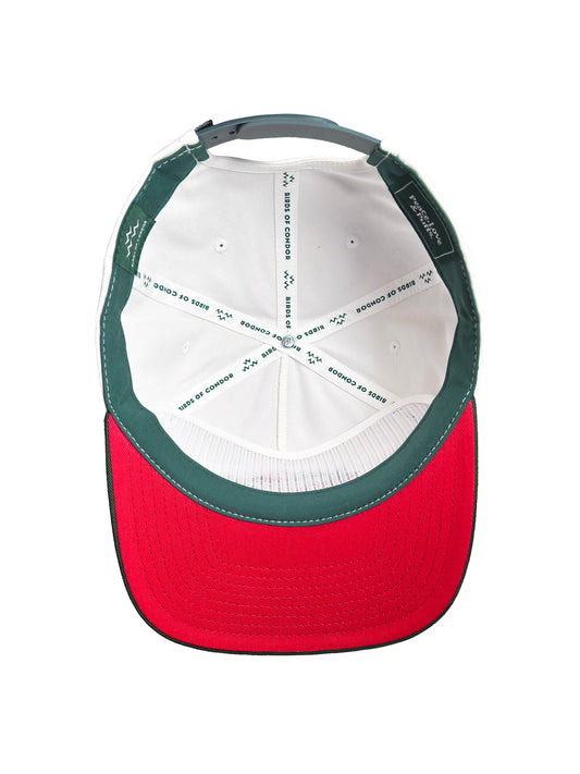 Red and green cap with white interior on a white background