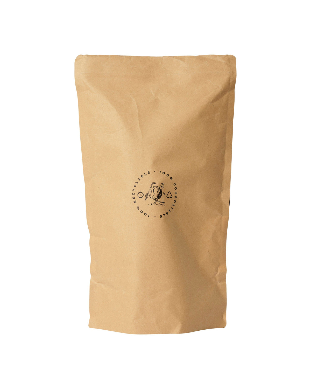 Brown paper packaging bag featuring a circular stamp graphic with text and a small character design.
