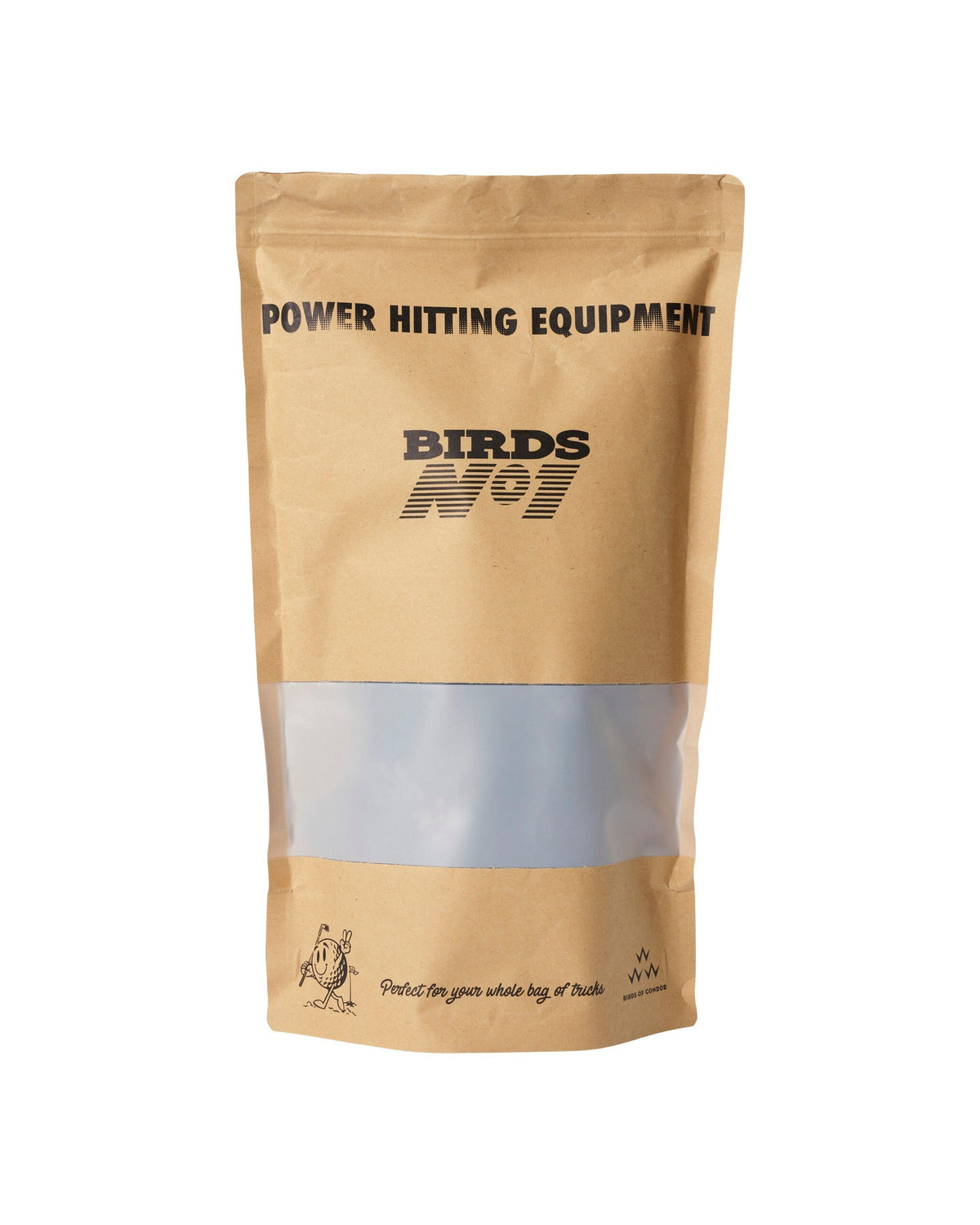 Brown paper pouch with a clear window, black "Power Hitting Equipment" text, and a golf ball logo.