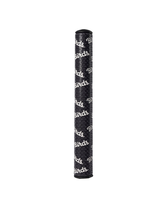 Black putter grip with a textured diamond pattern and an all-over white cursive Birds logo.