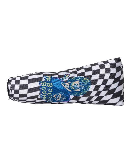 Black and white warped checkerboard headcover featuring a blue character graphic and text.