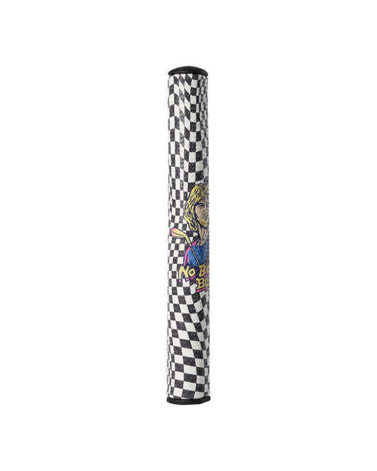 Black and white checkered putter grip featuring a graphic of a blonde golfer and text.