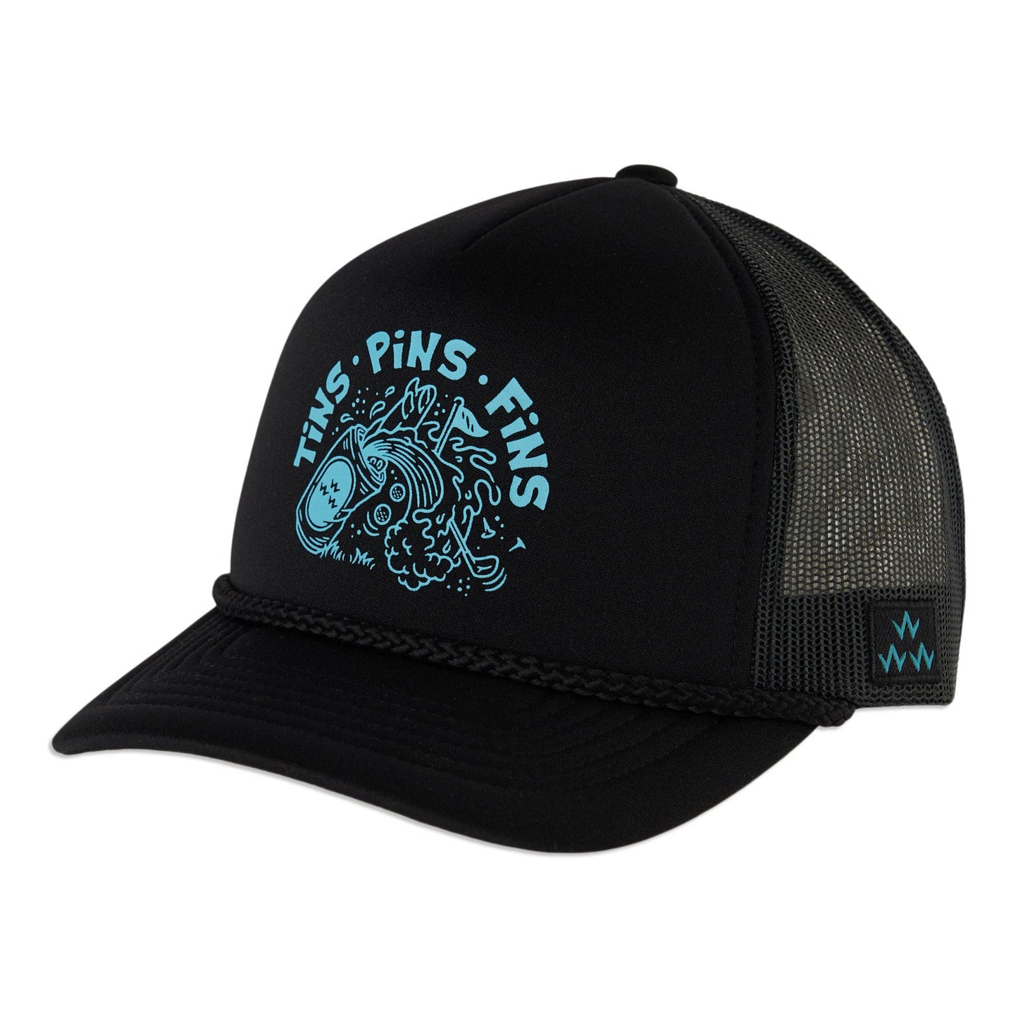 birds-of-condor-black-blue-tins-pins-fins-mesh-back-trucker-golf-surf-snapback-hat-front