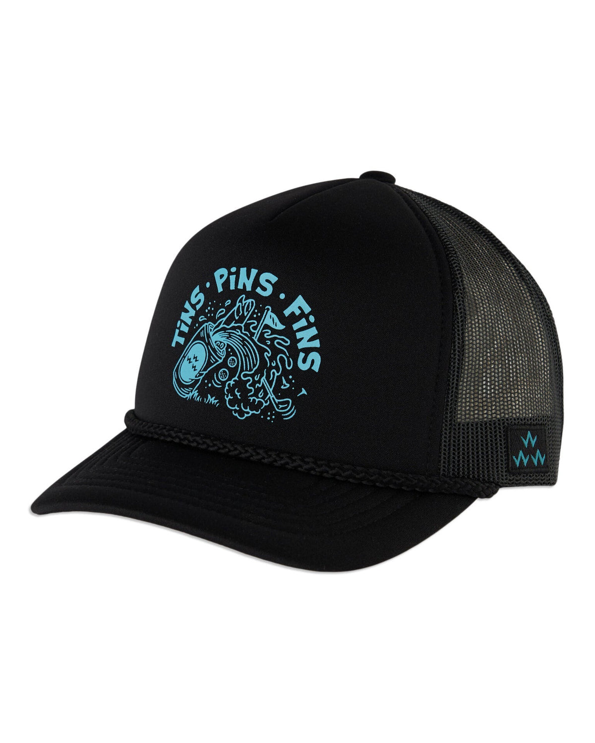 Black trucker hat featuring a curved brim, rope trim, mesh back, and a blue printed graphic logo.