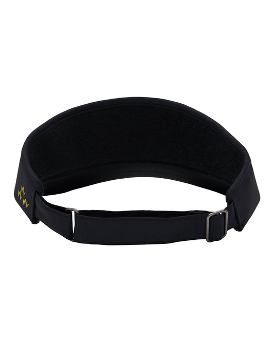 Back of a black visor with an adjustable strap and small yellow lightning bolt embroidery on the side.