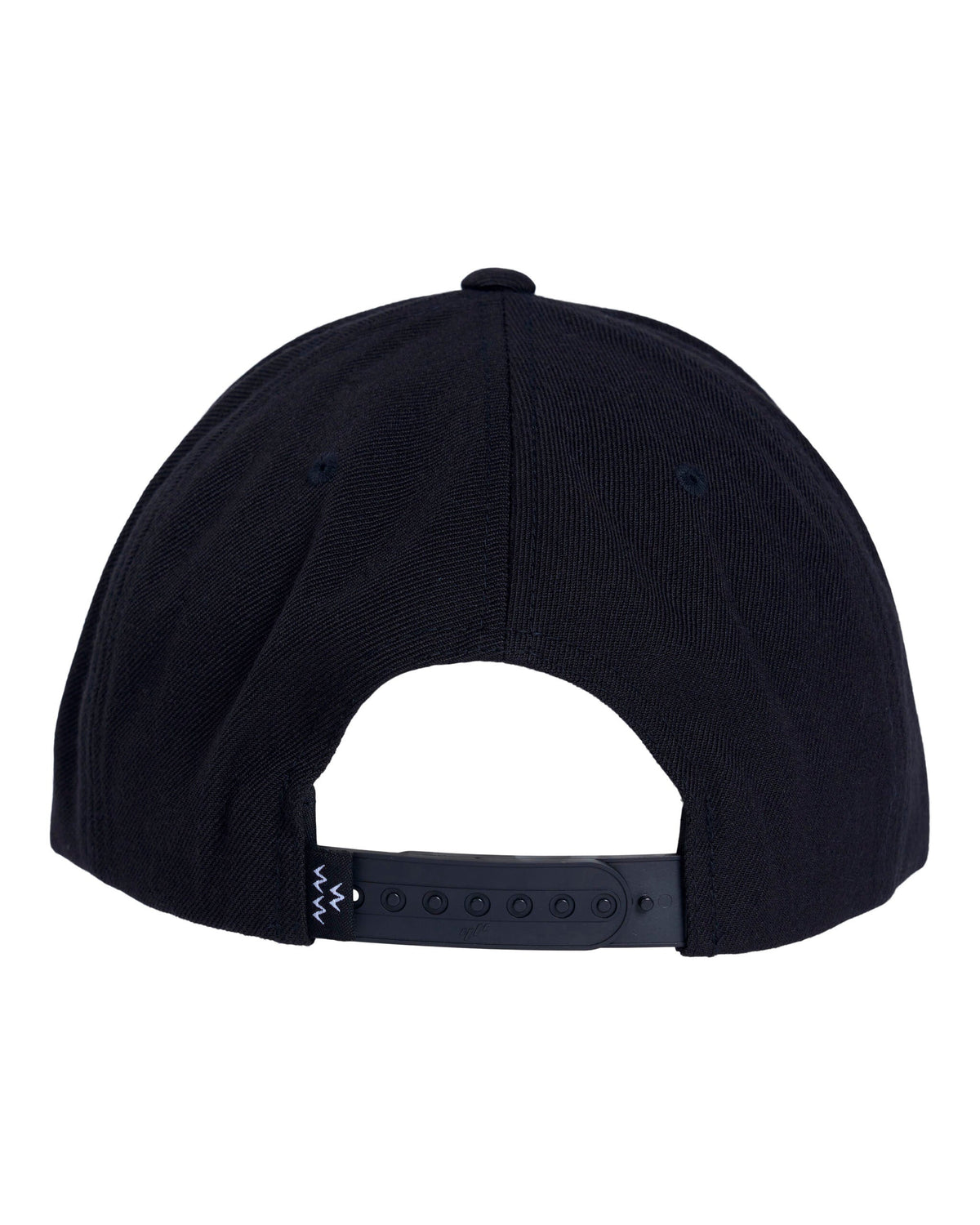 Back of a black 6-panel snapback hat with an adjustable plastic strap and small embroidered tab label.