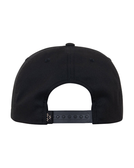 Back of a black 5-panel snapback hat with an adjustable plastic strap and small logo tag.