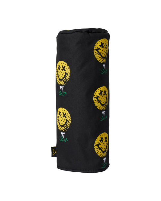 Black driver headcover featuring an all-over yellow smiley golf ball print with Xs for eyes.
