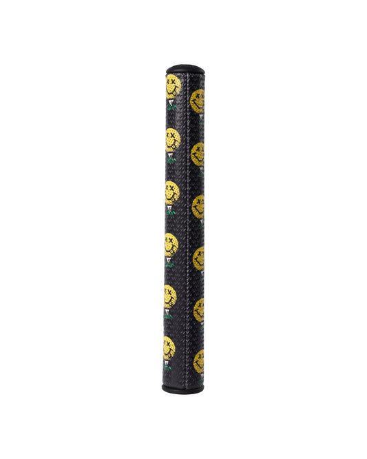 Black putter grip with a textured surface and an all-over yellow smiley face golf ball graphic.