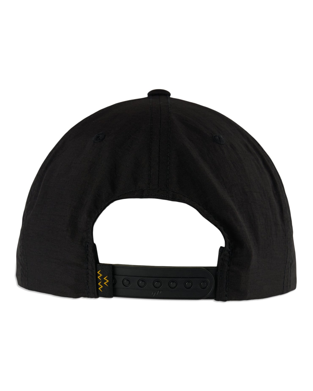 Back of a black nylon cap with an adjustable plastic snapback closure and small embroidered motif.