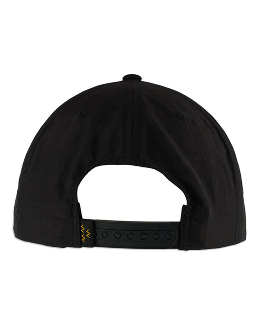 Back of a black nylon cap with an adjustable plastic snapback closure and small embroidered motif.