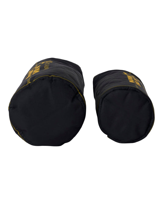 Two black headcovers with yellow graphic text, shown from the front angle against a white background.