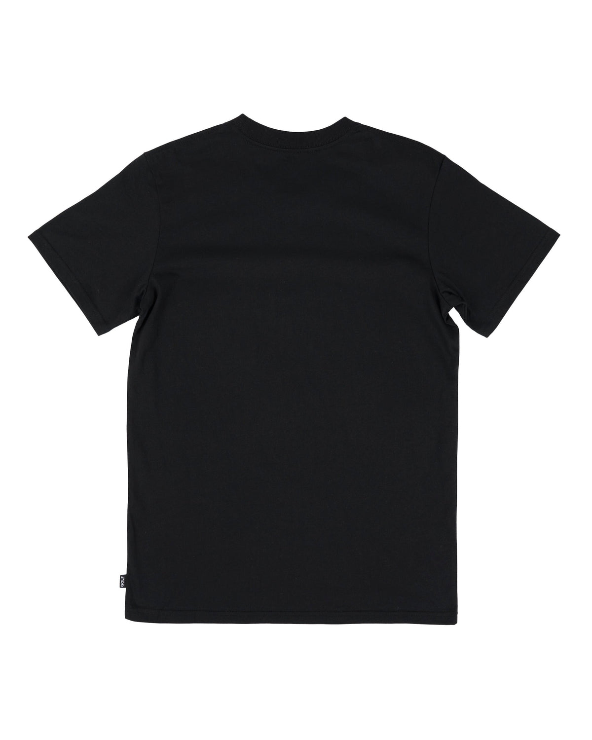 Back of a black organic cotton crew neck t-shirt with short sleeves and a small side label.