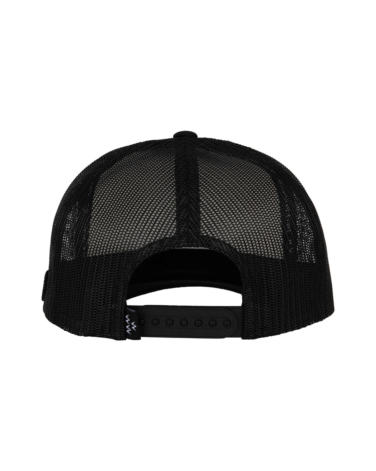 Back of a black mesh trucker hat featuring an adjustable plastic snapback closure and a small label tag.