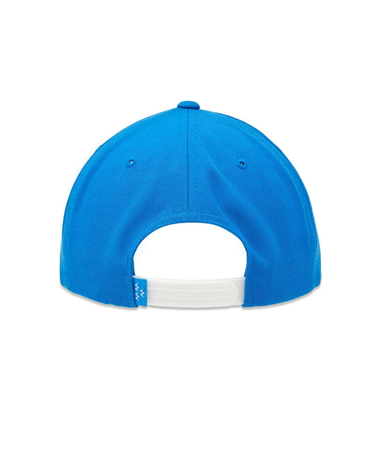 Back of electric blue snapback cap with a white adjustable strap and blue logo tag.
