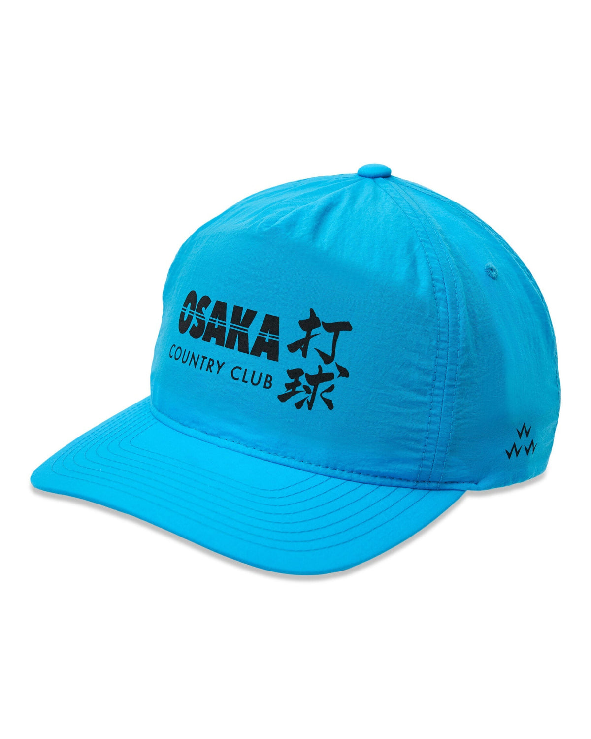 Electric blue nylon snapback cap featuring black Osaka Country Club text and kanji graphics.