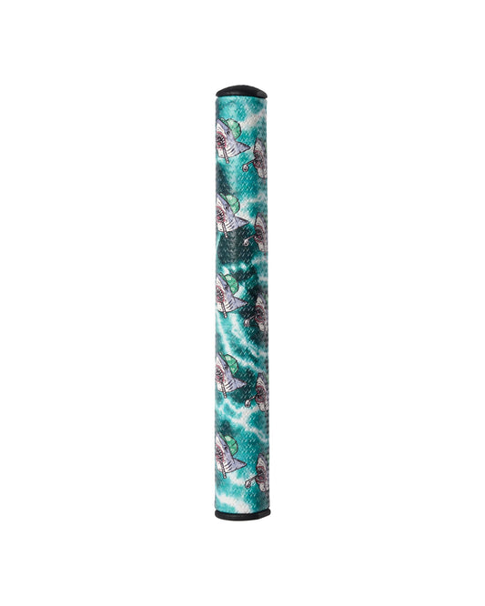Blue and green tiedye putter grip featuring an all-over shark graphic with a tee in its mouth.
