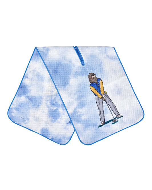 Blue tie dye golf towel featuring a center slit and a graphic of a bearded golfer swinging a club.