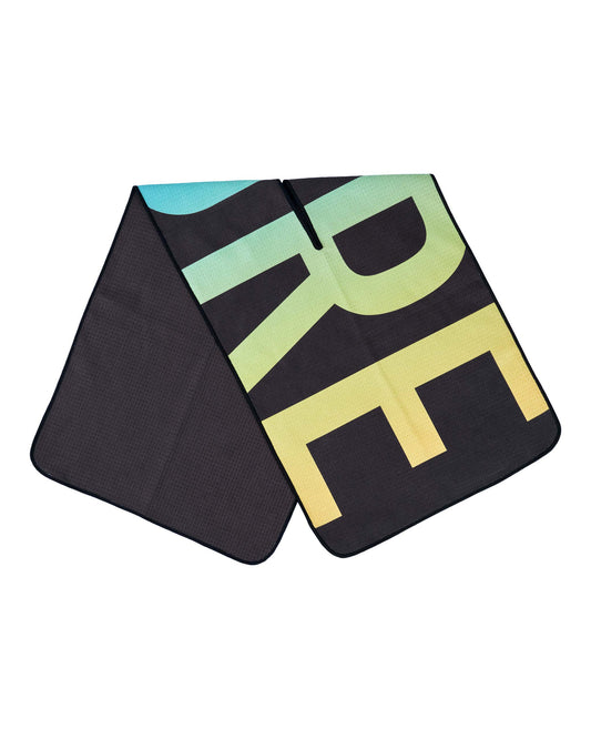Black golf towel with a large blue, green, and yellow gradient block text print reading FORE.