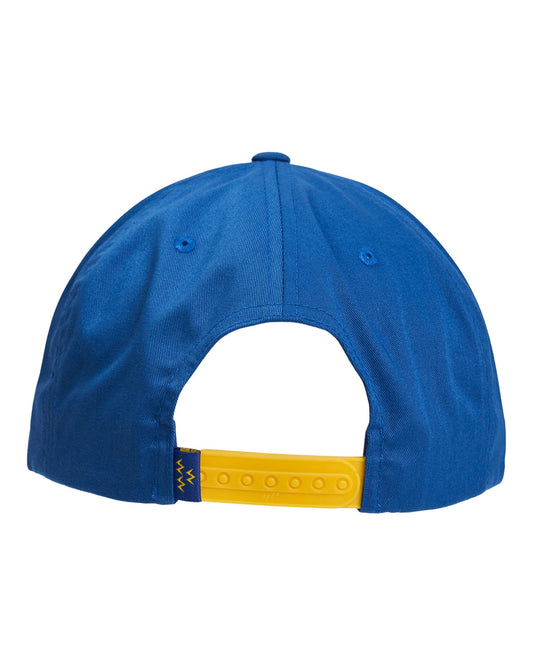 Back of a blue snapback hat featuring a yellow adjustable strap and a small embroidered navy tab.