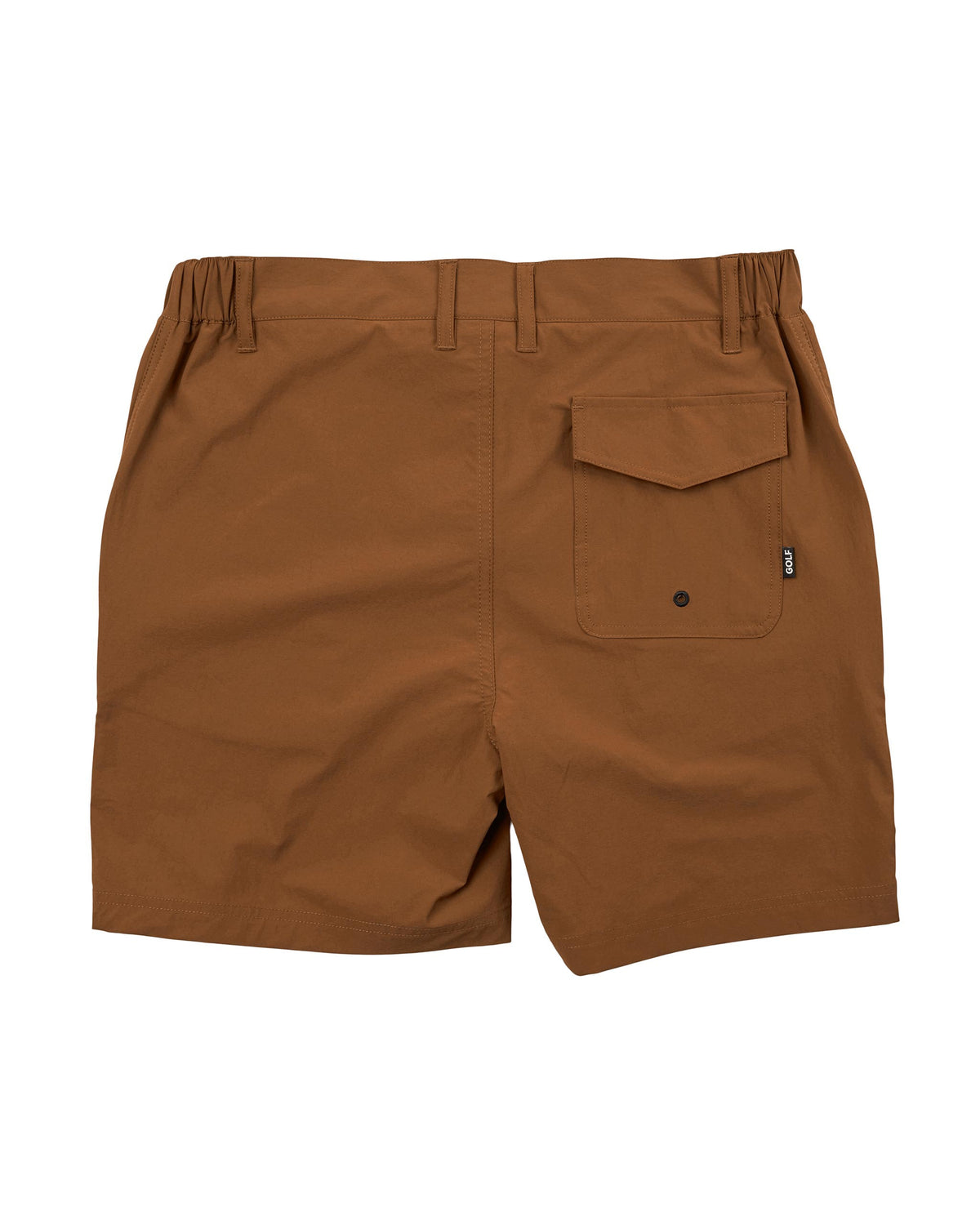 Back of rust shorts featuring belt loops, an elasticated waistband, and a single flapped back pocket.