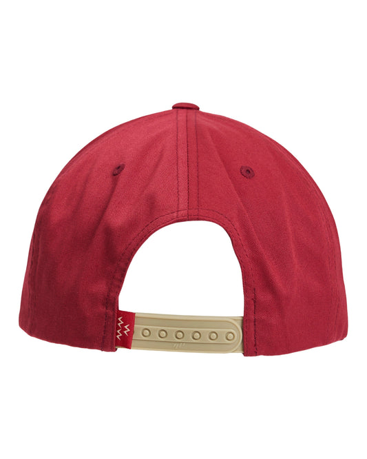 Back of a burgundy snapback hat with a beige adjustable strap and a red side label featuring a white zig-zag design.