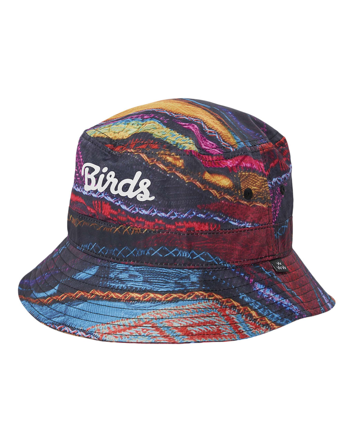 Multicoloured Coogi print bucket hat featuring a white Birds script logo on the front and stitched brim.