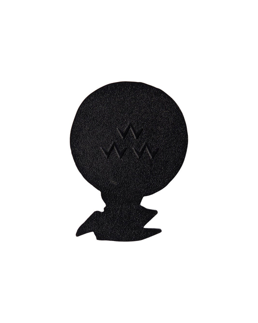 A black golf ball marker shaped like a ball on a tee with an embossed triple eagle logo design.