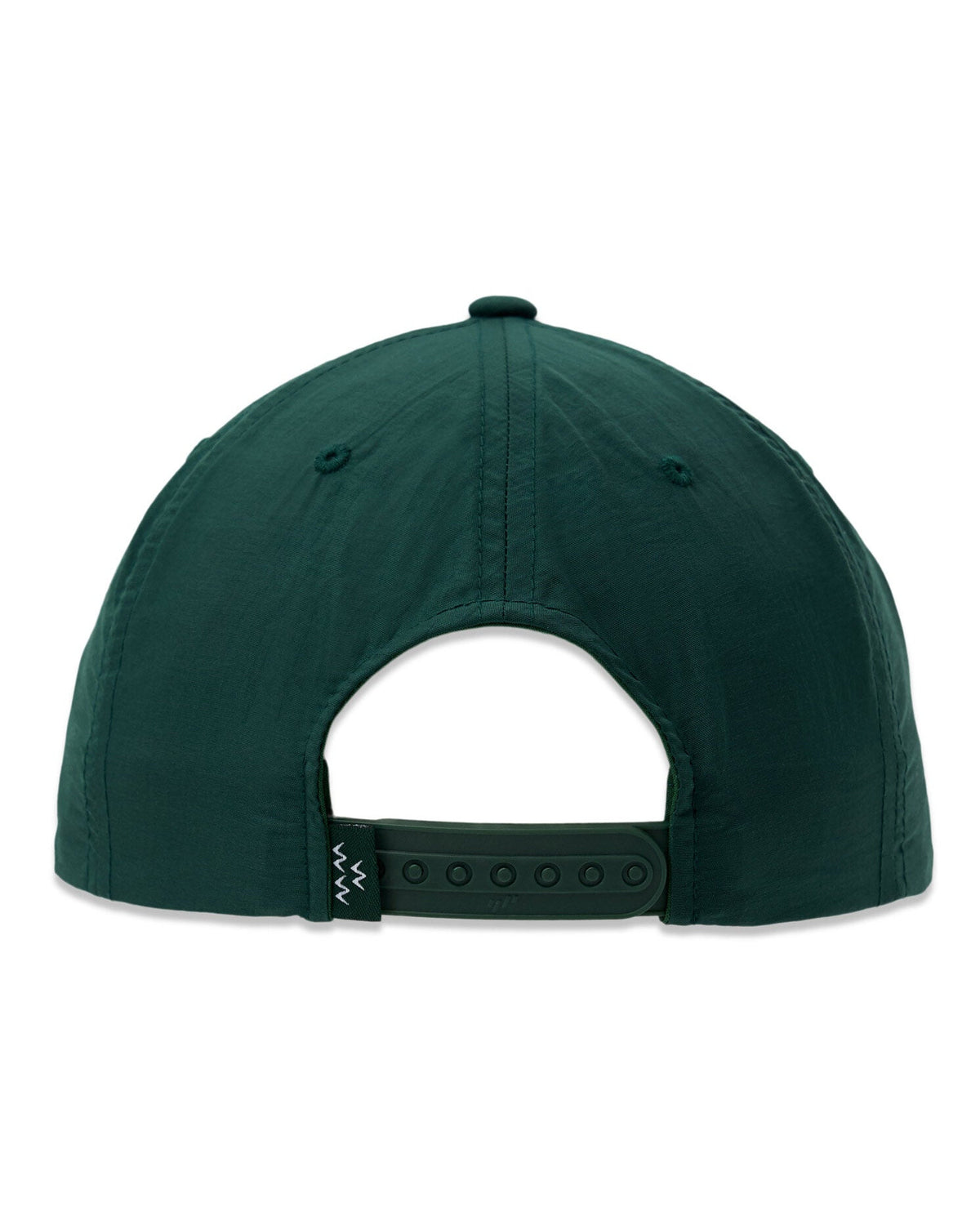 Back of an alpine green nylon snapback hat with an adjustable strap and a small black woven logo label.