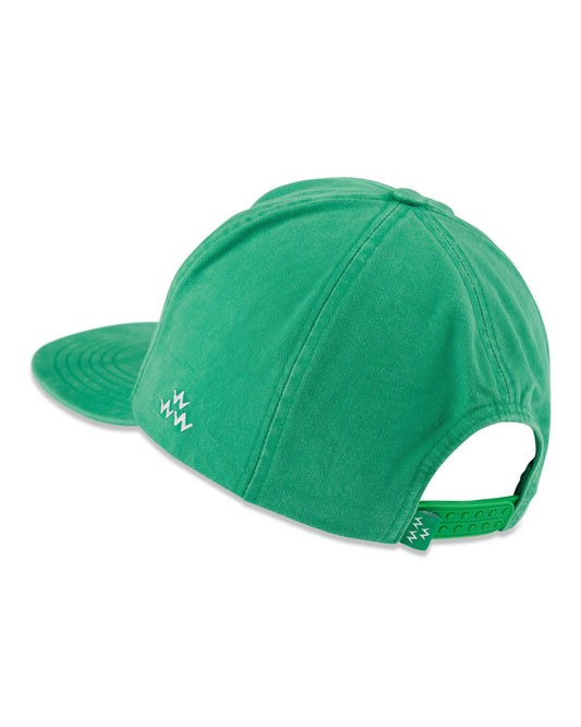 Back of an emerald green soft peak cap featuring an adjustable snapback closure and white lightning bolt logos.