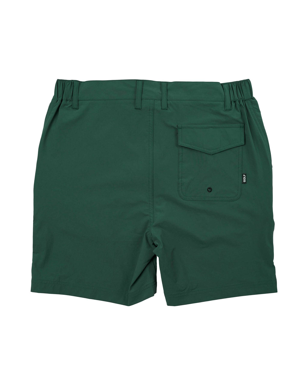 Back of forest green shorts with belt loops, an elasticated waistband, and a Velcro back pocket.