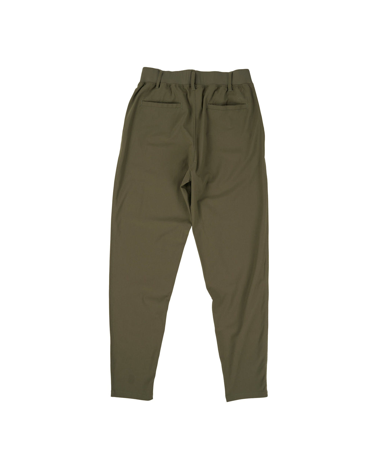 Back of army pants featuring an elastic waist with belt loops, tapered legs, and two rear pockets.