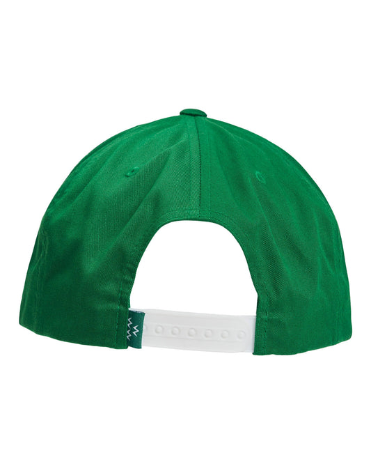 Back of a green snapback hat featuring a white adjustable strap and a small green logo tab.