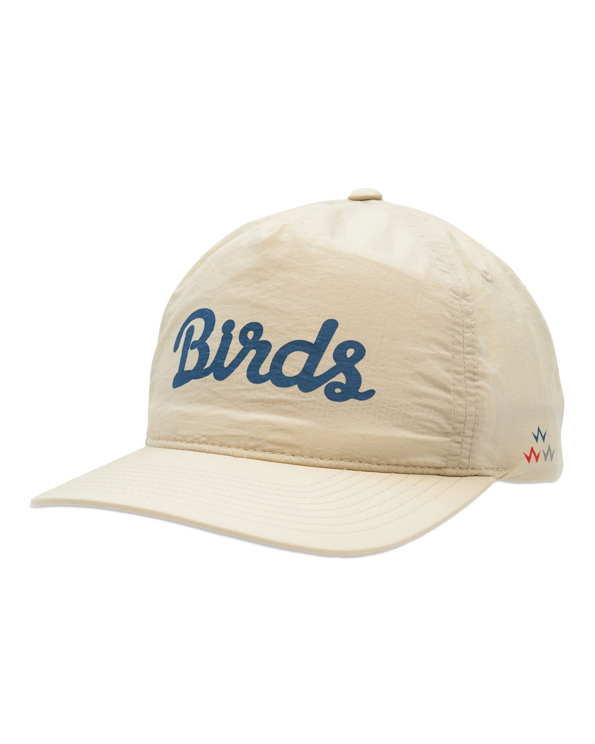 Tan snapback cap with a blue script logo on the front and a triple chevron side design.