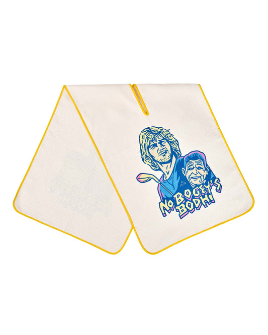 A white golf towel with yellow trim and a blue and pink graphic of two men with text reading NO BOGEY'S BODHI.
