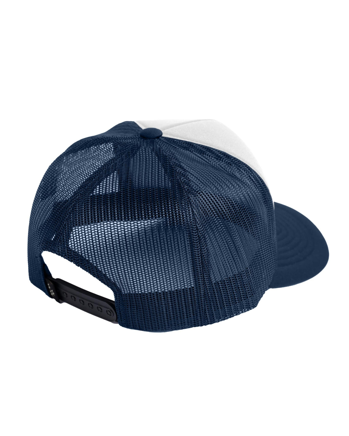 Back of a white and navy trucker hat with mesh back panels and an adjustable black plastic snap closure.