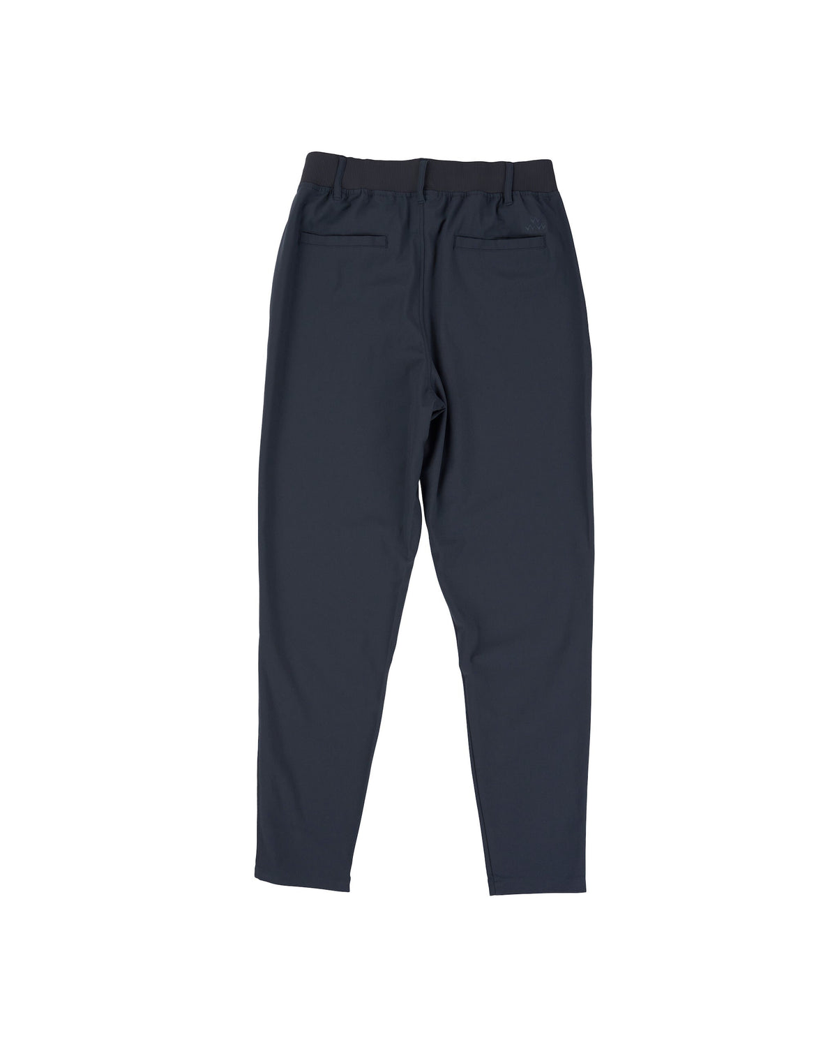 Back of navy four-way stretch pants featuring an elastic waistband, belt loops, and two back welt pockets.
