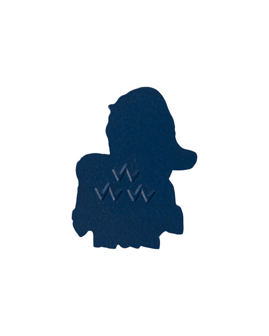 Blue metal golf ball marker featuring a pebble texture and an embossed triple eagle logo design.
