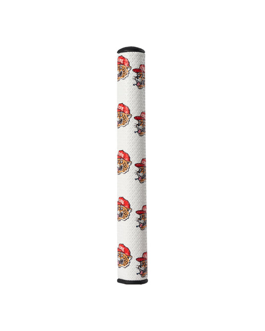 A white textured putter grip featuring an all-over embossed triple eagle logo graphic design.