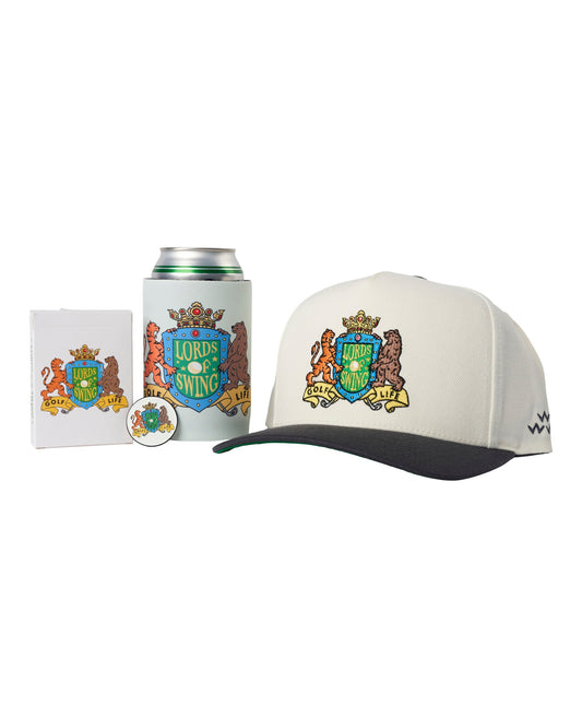 An off-white snapback with a charcoal peak and an embroidered crest featuring a tiger and bear.