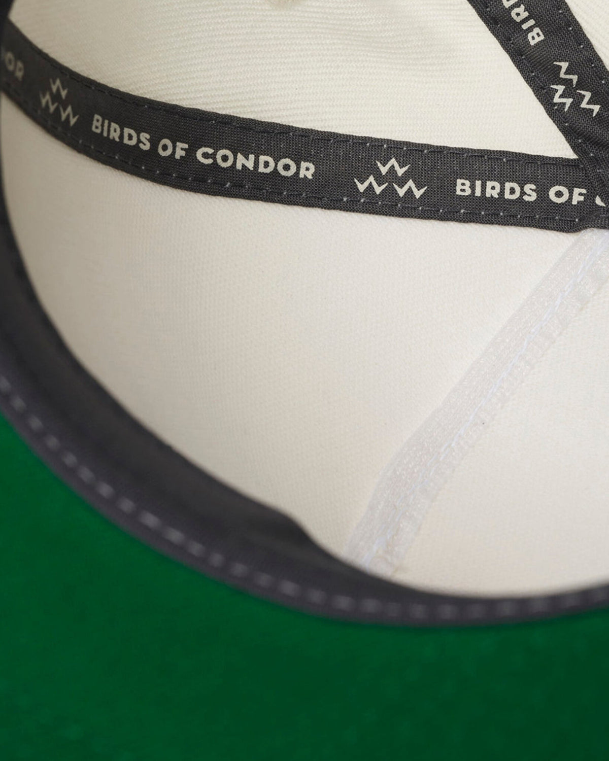 Detail of the interior crown of an off-white snapback, showing branded seam tape and a green under peak.
